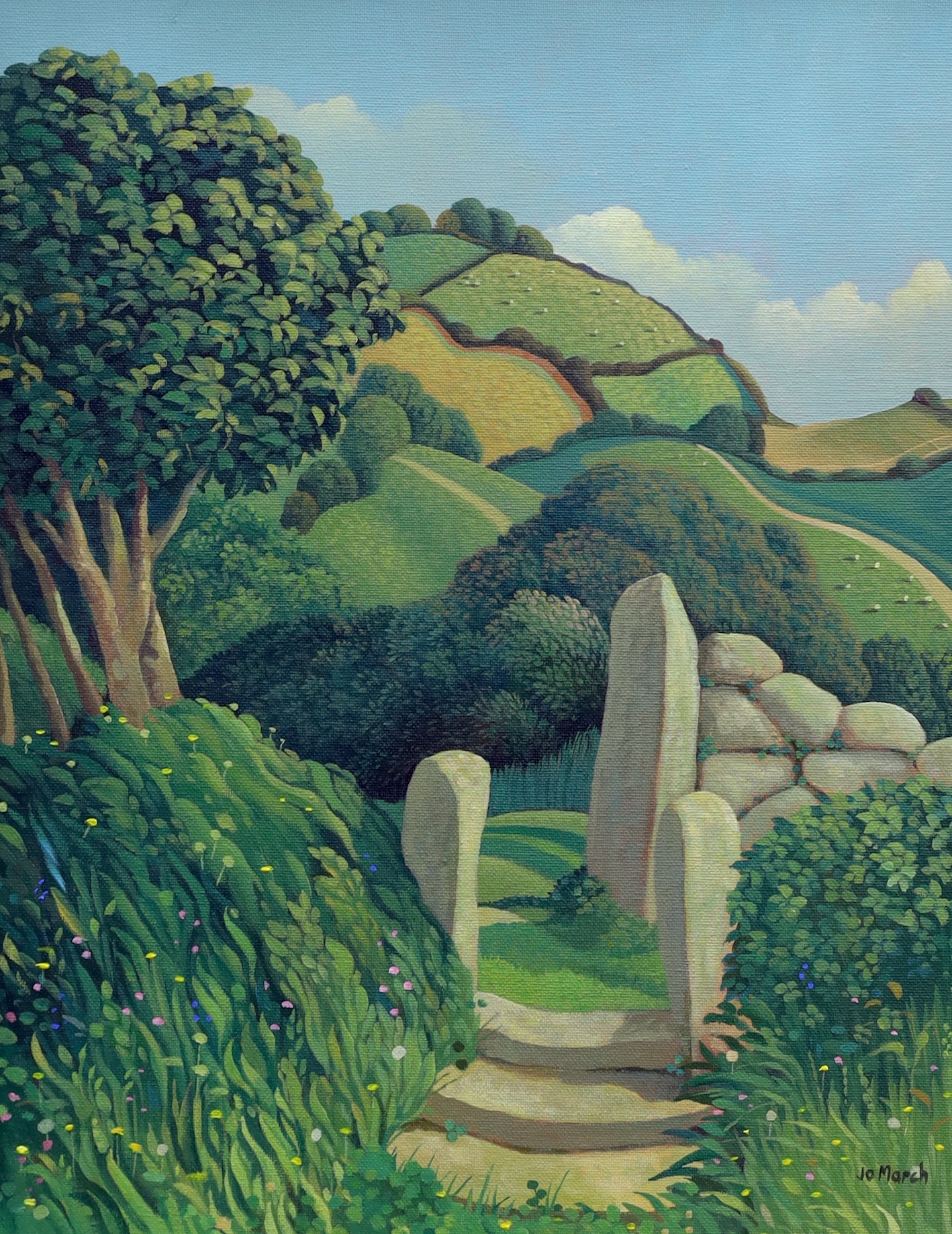 Jo March (b.1962), oil on canvas, Hillside landscape, signed, Mid Cornwall Galleries label verso, 50 x 40cm